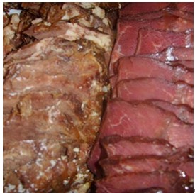 肉类经发色剂发色前后对比,左为发色前